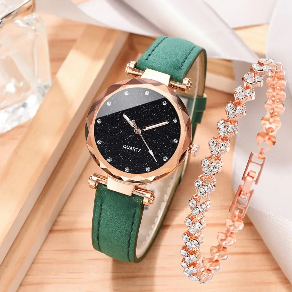 Ensemble de montres de luxe pour femmes, 2 pièces, bracelet en cuir PU, montre-bracelet à quartz pour dames, strass, bracelet en alliage or rose pour dames, cadeau