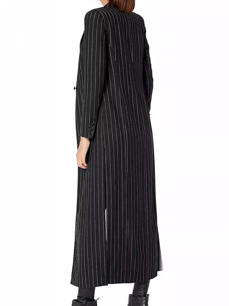 EAM Femmes Rayé Slim Fit Longueur Cheville Blazer Nouveau Revers Manches Longues Taille Veste Mode Marée Printemps Automne 2025