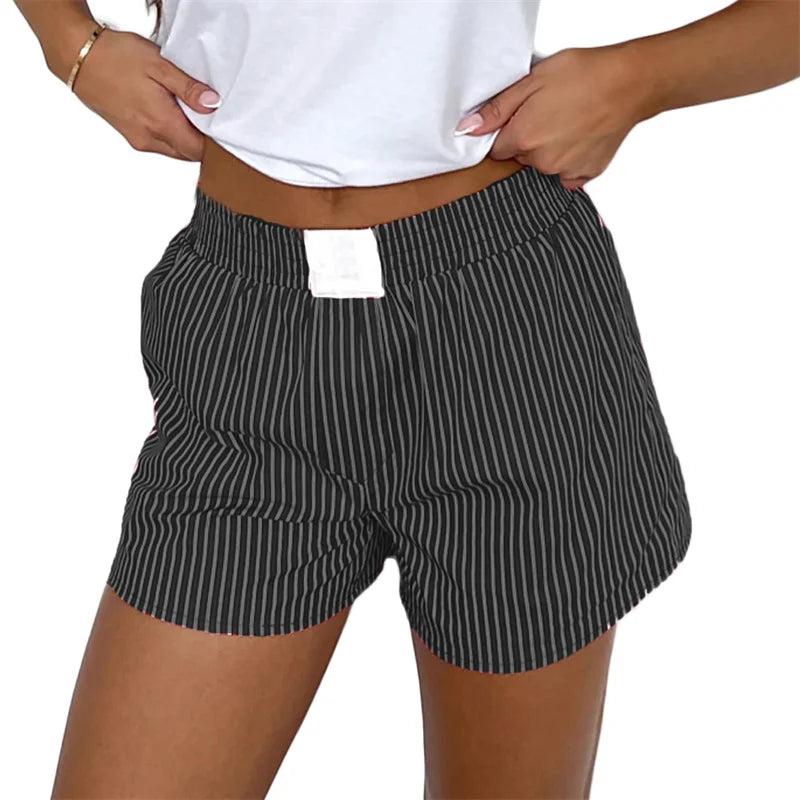 Women Y2K Striped Pajamas Shorts Elastic Waist Wide Leg Gingham Boxer Lounge Shorts Checked Pj Bottom Going Out Shorts