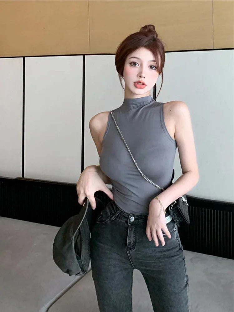 Sexy Tank Top Solid Halter Crop Tops Women Summer Camis Turtleneck Camisole Fashion Casual Tube Female Sleeveless Cropped Vest