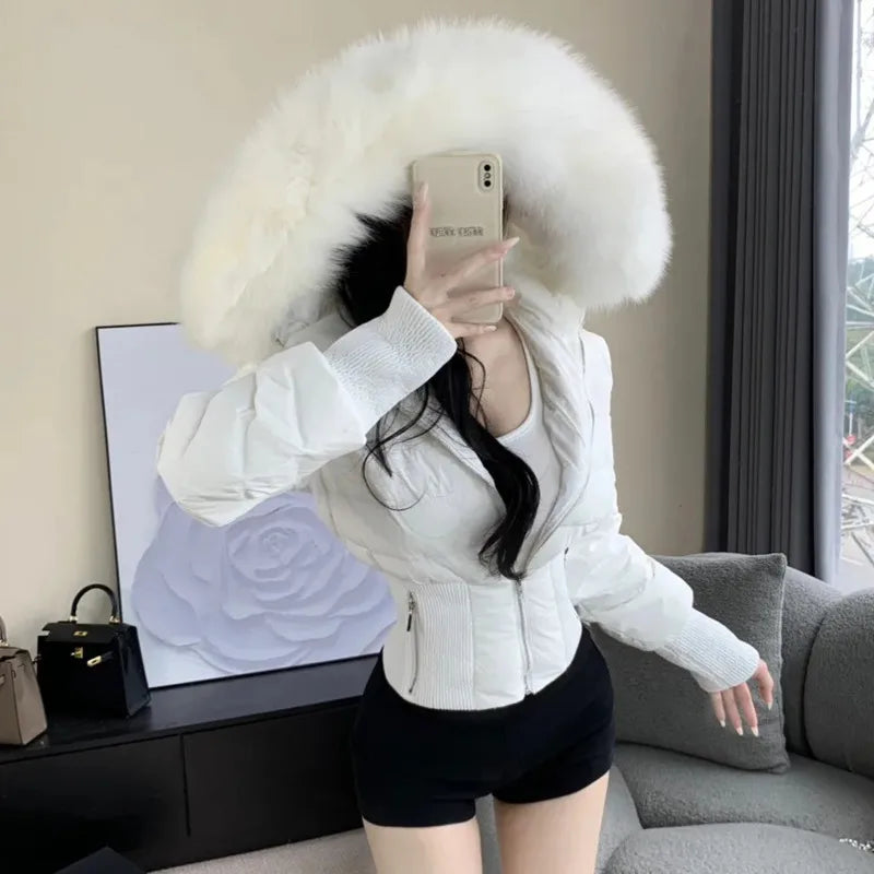 Fur Hooded High Street Short Down Jackets Zipper Fashion Slim Parkas Elegant Ladies Thick Outerwear Casual Black Coats For Women