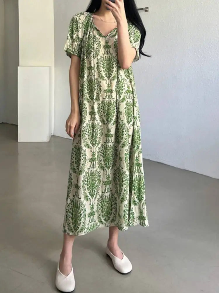 ZANZEA Puff Sleeve Loose Maxi Dress Vintage Printing Summer Vestidos Women Lace Up O-neck Robe Fashion Casual Holiday Dresses