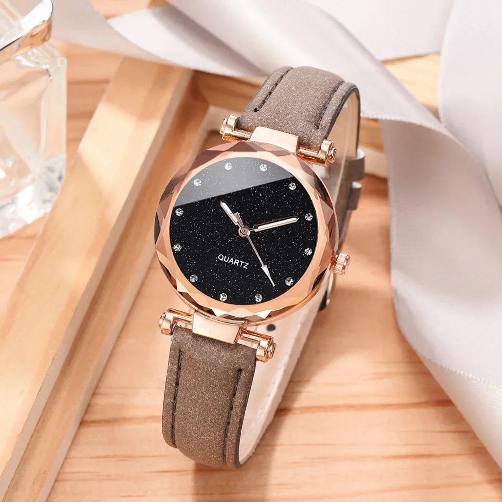 Ensemble de montres de luxe pour femmes, 2 pièces, bracelet en cuir PU, montre-bracelet à quartz pour dames, strass, bracelet en alliage or rose pour dames, cadeau