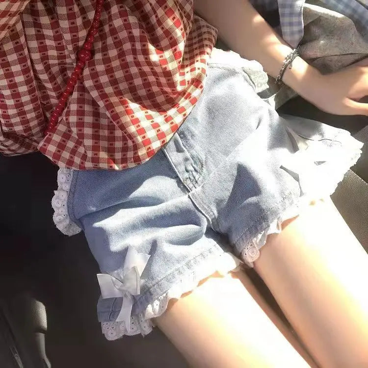 Blue Vintage Bow Lace Shorts Jeans Women Harajuku Kawaii Y2k High Waist Pants Casual Aesthetic Clothes Korean Fashion