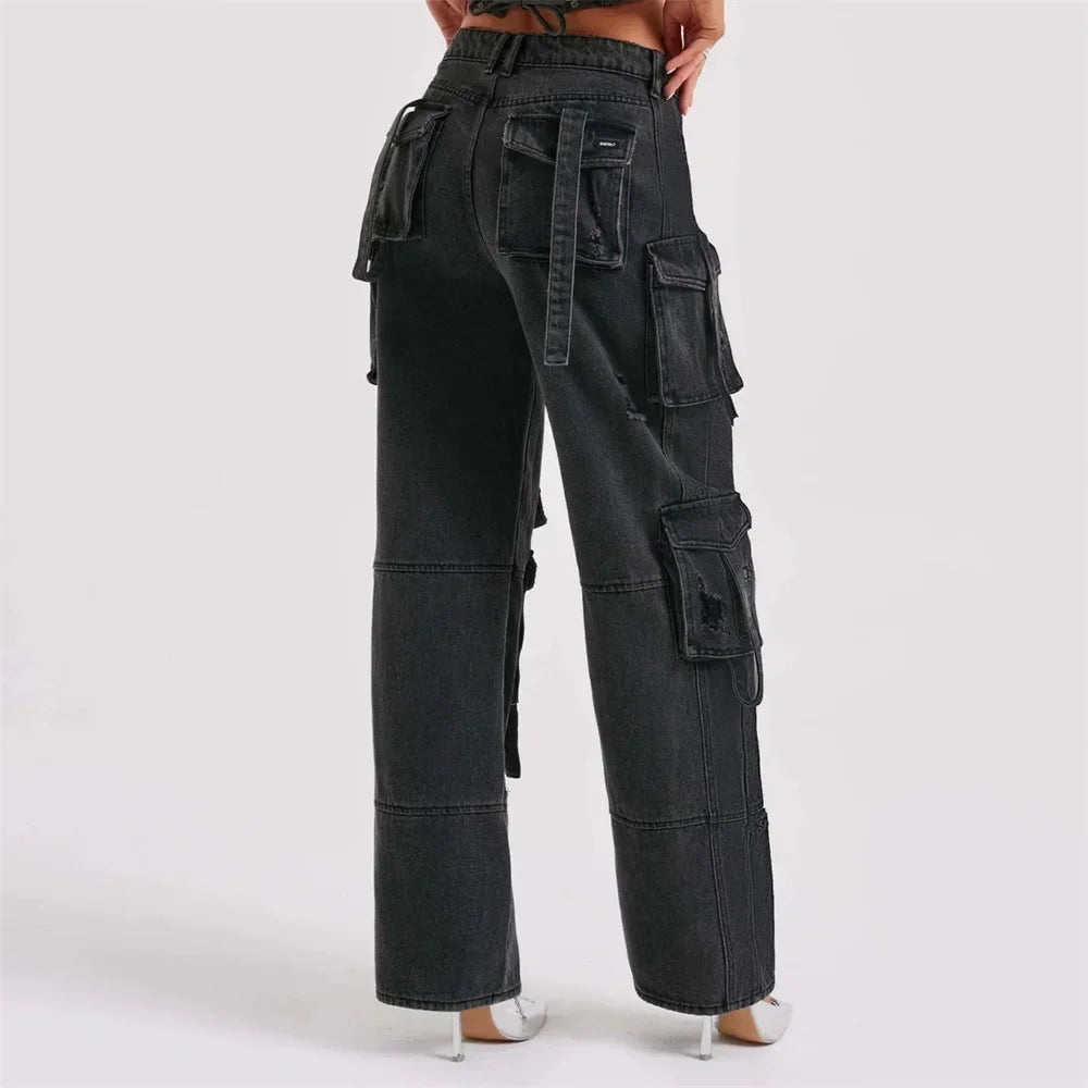 Fashion Multi-pocket Jeans New Baggy Jeans Women Cargo Pants Women High Waist Butt Lifter Loose Straight-leg Pants Tight Stretch