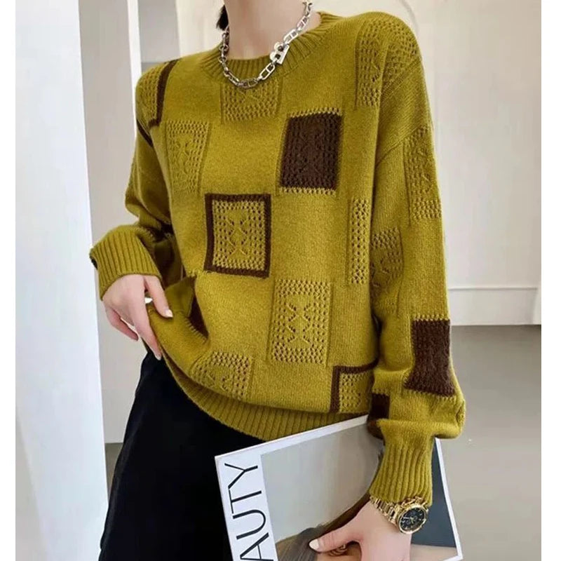 Vêtements pour femmes automne et hiver vintage géométrique patchwork pull tricoté décontracté streetwear pull hauts pull à manches longues