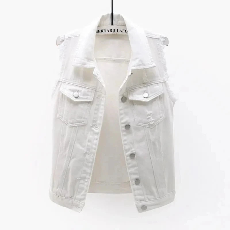 Women Single Breasted Denim Vest Autumn Winter Solid Casual Turn-down Collar Pocket Sleeveless Short Jean Coat Streetwear Female