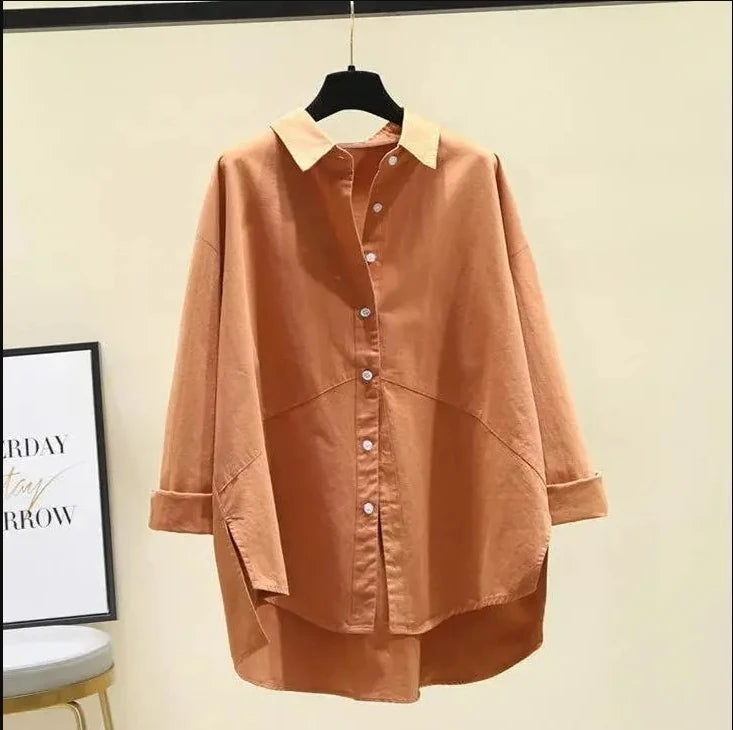 Spring 2022 Female KPOP Fashion Style Cotton Oversized Loose Casual Lapel Buttons Asymmetrical Solid Long Sleeve Shirt Blouse