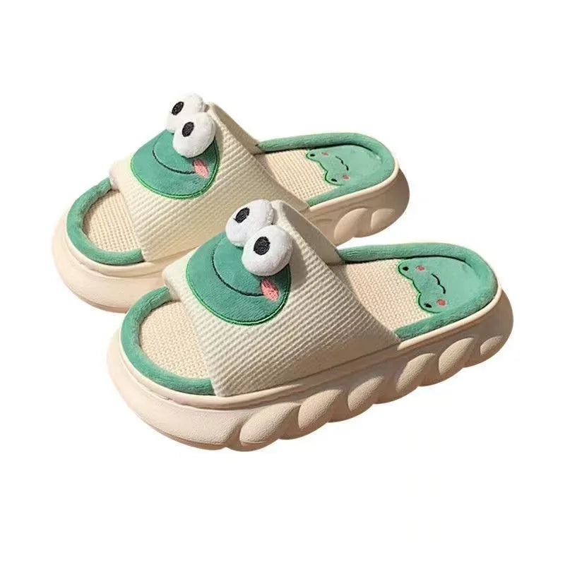 Women Cartoon Frog Slippers Winter Warm Indoor Home Slides Linen Thick Sole Couple Slipper Bedroom Anti Slip Shoes Sandals