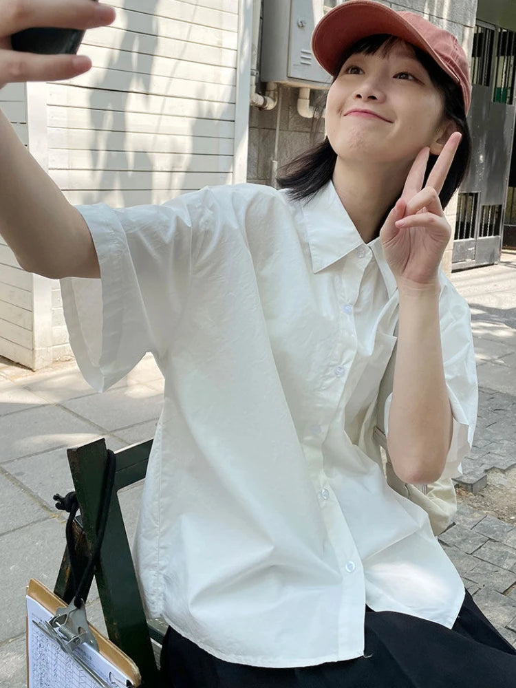 Shirts Women Solid All-match Casual Summer Ladies Temperament Unisex Ins Fashion Ulzzang Classic Korean Style Vintage Basic Chic