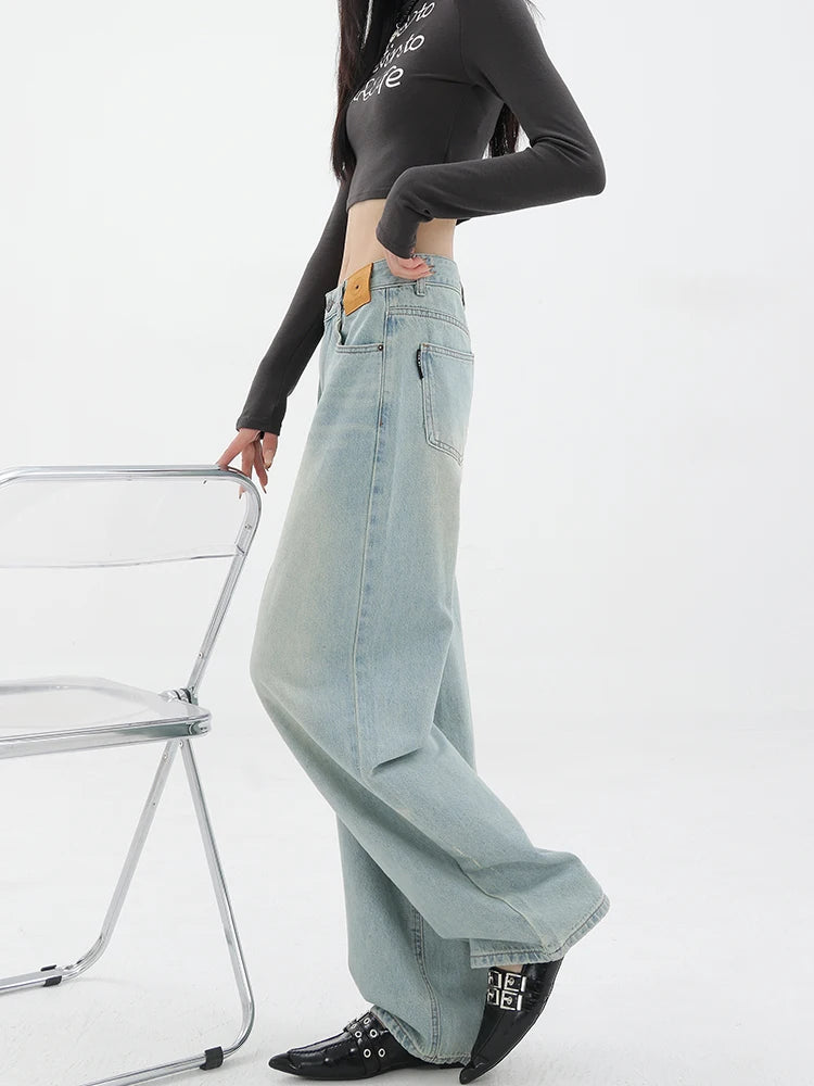 Pantalon en jean droit ample pour femme, décontracté, taille haute, vintage, style coréen, streetwear, nouvelle mode, été