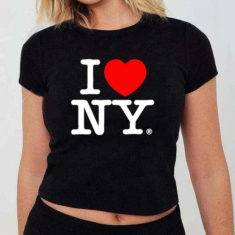 J'aime New York NY O Neck Womens Cropped Top Harajuku Gothic Clothes Y2k Summer Fashion  Tshirt Dropship