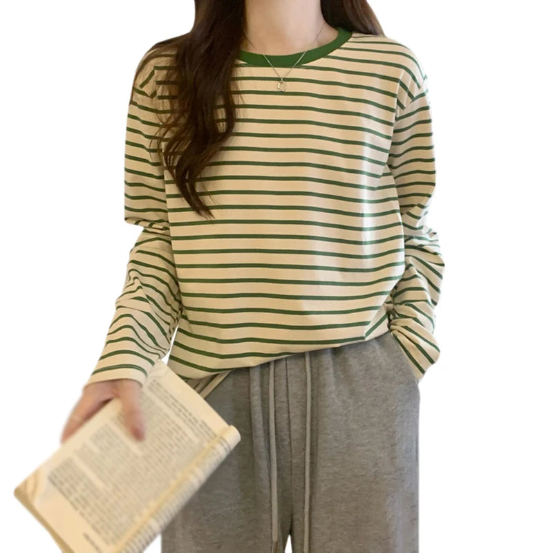 Womens Long Sleeve T Shirts Spring Autumn Casual Loose Crewneck Color Block Stripe Tee Tops