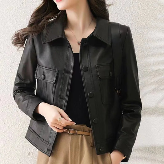 Lapel PU Leather Jacket Women 2024Spring Autumn New Coat Fashion Locomotive Goddess Overcoat High Quality Short Outerwear Female