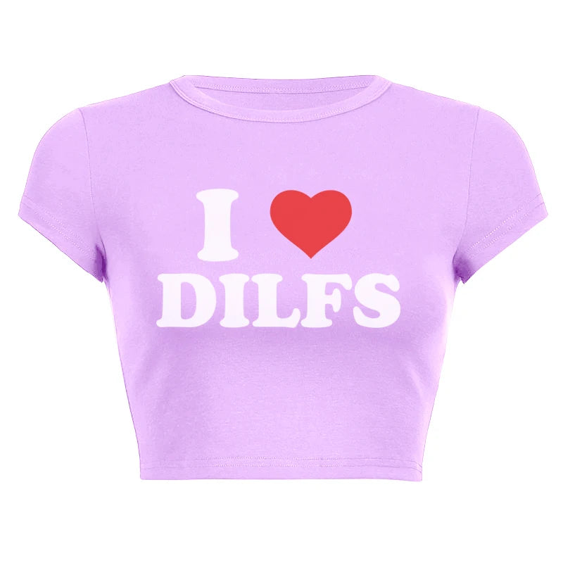 T-shirt imprimé I Love Dilfs pour femme, haut court d'été Harajuku, vêtements de fête sexy, col rond, nombril court, en coton, à la mode