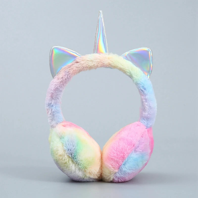 Winter Warmer Children Kids Colorful Unicorn Soft Plush Fluffy Earflap Earmuffs Lovely Cat Ears Caps  Headband Tie-dye Fur Hat