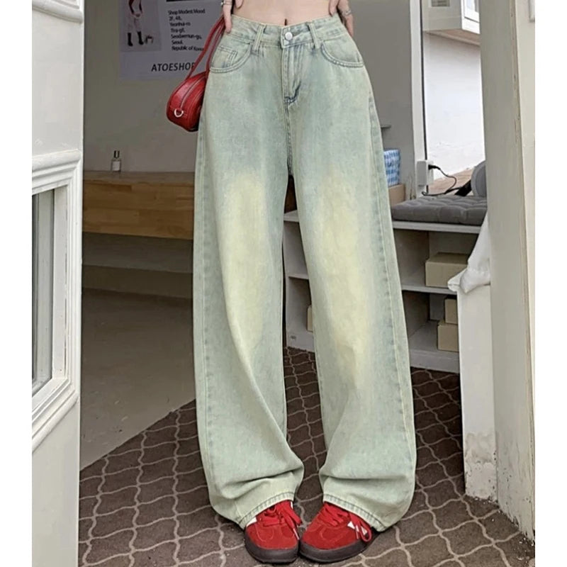 Woman High Waist Streetwear Thicken Flare Jeans Female Y2k Clothes Elegant Thermal Pants Girls Gothic Blue Yellow Denim Trousers