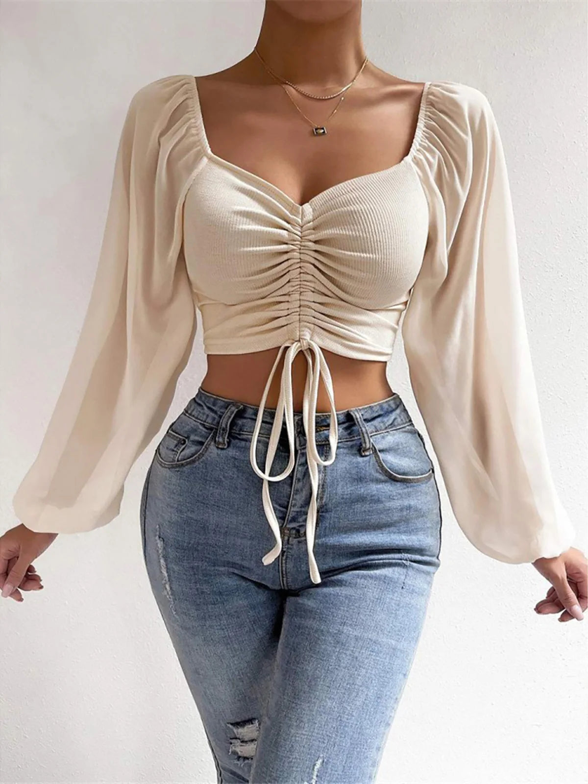 S-3XL Mesh Lantern Sleeves Drawstring Wrap Chest Bare Midriff T-Shirt Women Long Sleeve Ruched Blouse Sexy Crop Top Tee K5995