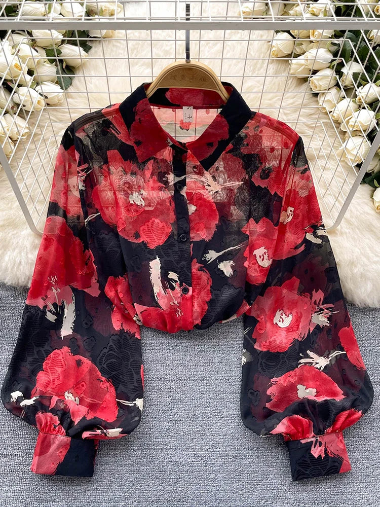 Spring Autumn Temperament Fashion Retro Chiffon Floral Blouses Print Loose Lapel Puff Sleeve Top Button Up Shirt Female GD611