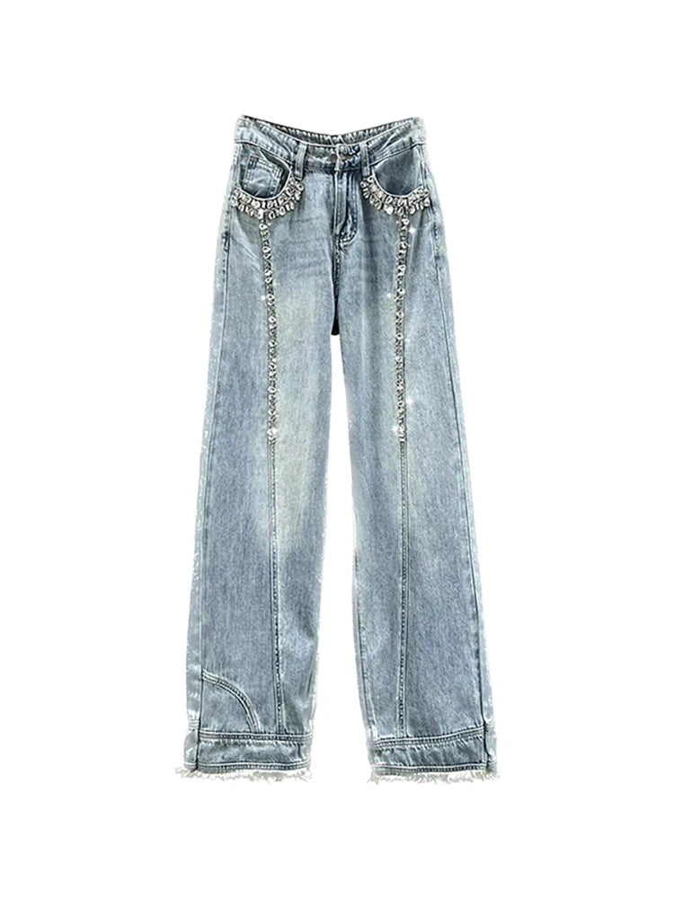 DEAT Women's Jeans Diamond Spliced High Waist Long Loose Straight Wide Leg Burrs Denim Pants 2025 Spring New Fashion