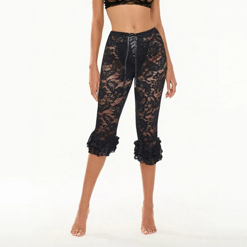 Women Floral Lace Capri Pants Coquette See-Through High Waist Ruffles Hem Trousers Summer Casual Pants Stretch Crop Leggings