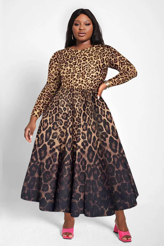 Plus Size Daily Dress Brown Leopard Print Long Sleeve Dress A-Line Pleated Round Neck High Street Vintage Casual Autumn Dresses