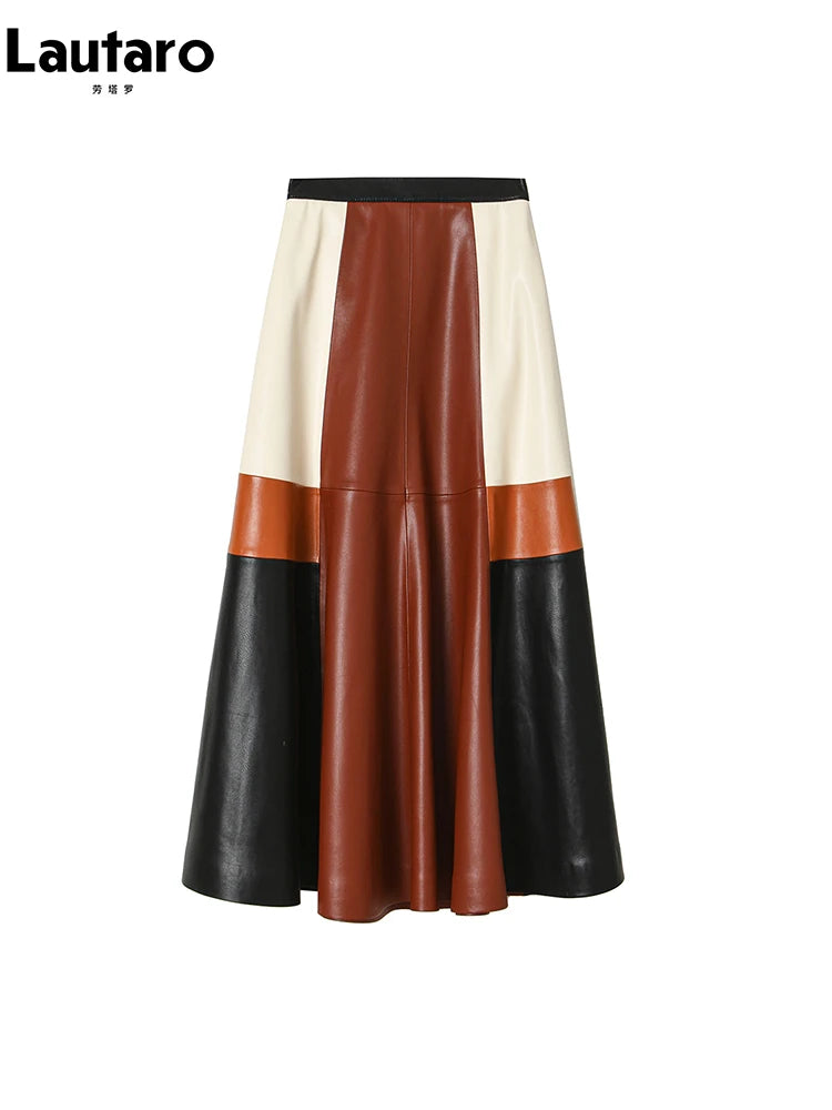 Lautaro Spring Autumn Long Color Block Patchwork Soft Pu Leather Mini Skirt Women High Waist 2024 Luxury A Line Clothes Fashion