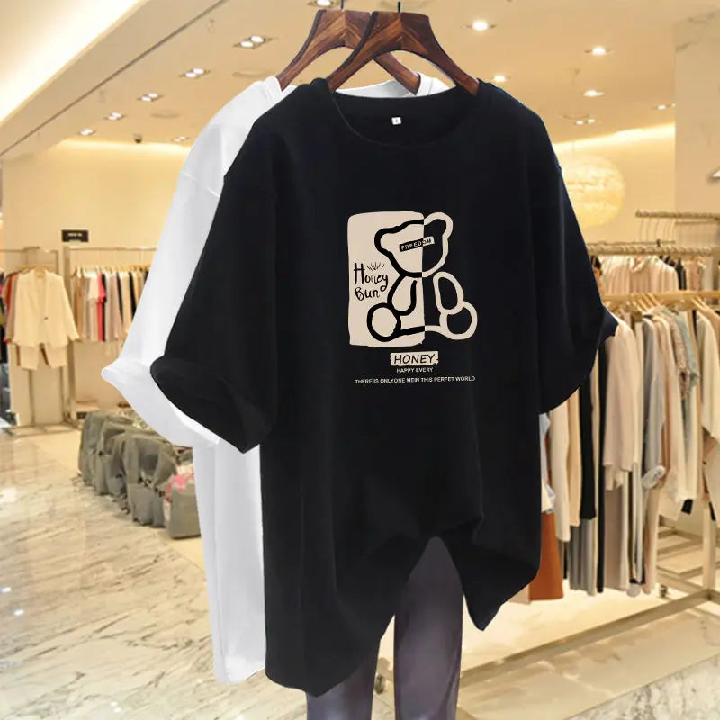 Women Clothing Cute Cartoon Printed Sweet Casual T-shirt Summer All Cotton Baisc Short Sleeve Loose O-neck Tops