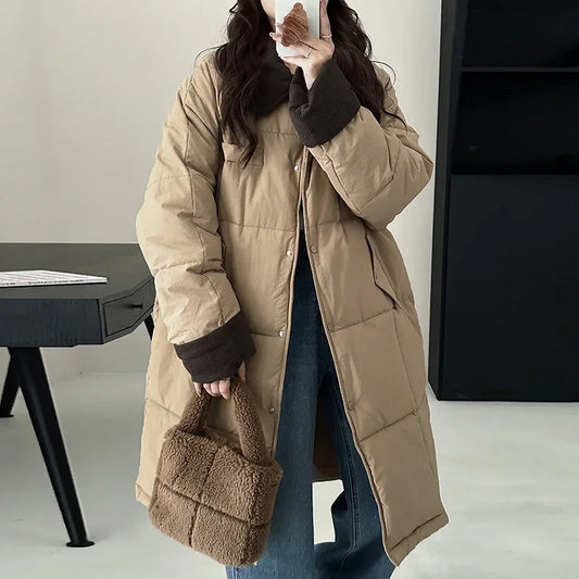 Spliced mid-length down-padded jacket for women 2024 new winter fashion design thickened cotton-padded jacket