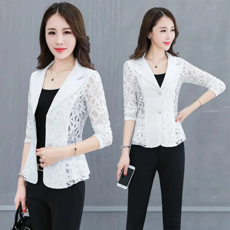 Spring Summer Jacket Womens 2024 Long Sleeve V-neck Office Women Jacket Jacket Black White Hollow Lace Jacket Coat Female