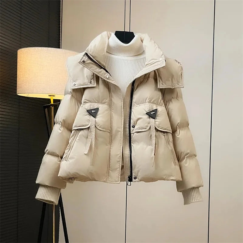 Veste courte à capuche en coton rembourré de couleur unie pour femme, manteau chaud pour femme, nouvelle collection hiver 2025, vêtements amples, tendance