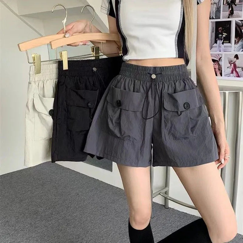 Y2K Fashion Street Cargo Shorts Women Summer Loose High Waist Drawstring Sports Pants Ladies Korean Casual Wide Leg Pants New