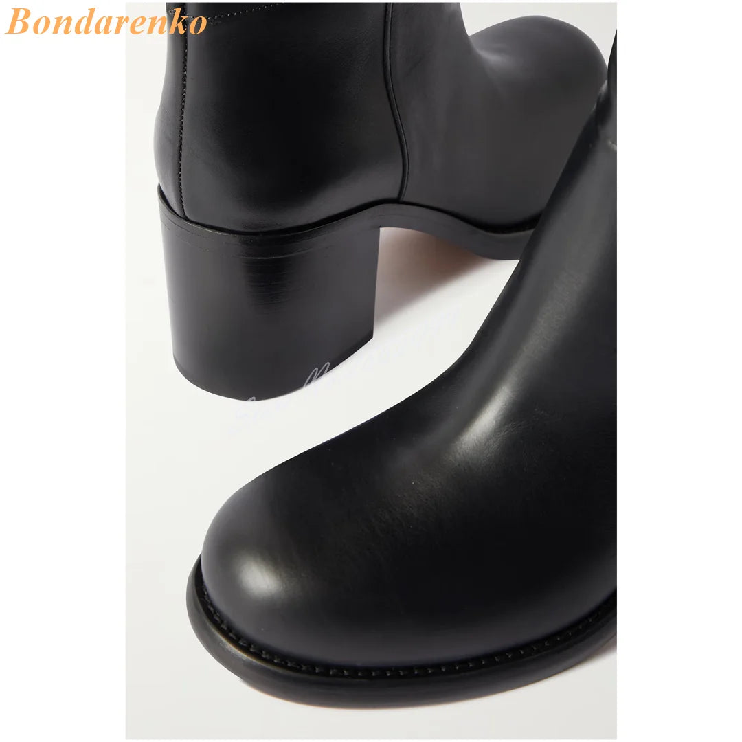 Leather Thigh High Boots Round Toe Thick High Heels Solid Slip On Long Boots Women Sexy Shoes Spring Autumn Party Designer Shoes