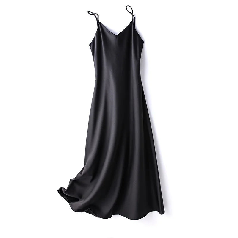 Women Long Dress Spaghetti Strap V-neck Sleeveless Sexy Summer Solid Color Mid-calf Skinny Dresses Inner Cloth