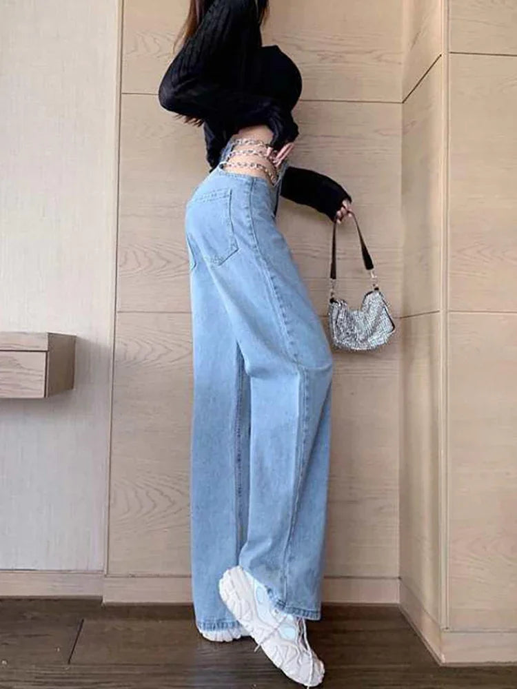 Jean sexy ajouré à chaîne pour femme, pantalon d'été en denim droit, taille haute, ample, style Harajuku, mode coréenne Y2K