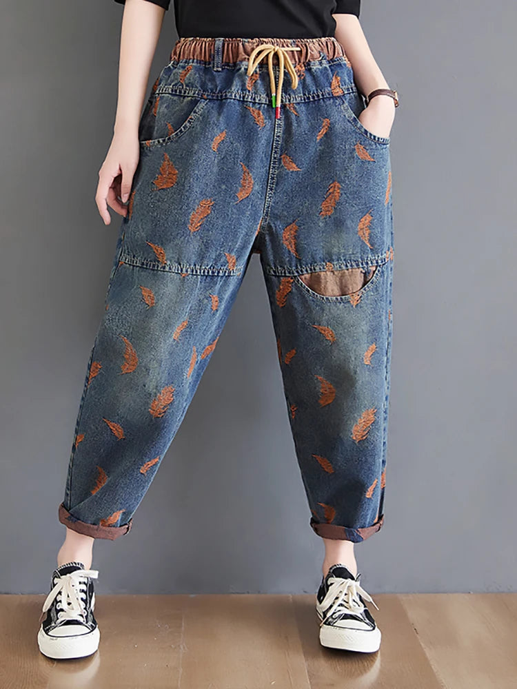 Jeans For Women Spring Street Feather Embroidery Color Contrast Loose Thin Drawstring Pockets Elastic Waist Denim Pants Female