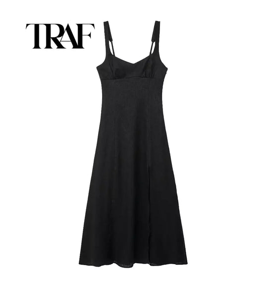 TRAF Slip Midi Dress Women Black Backless Long Dresses for Woman Sexy Evening Party Dresses Women Thin Straps Female Dress ﻿