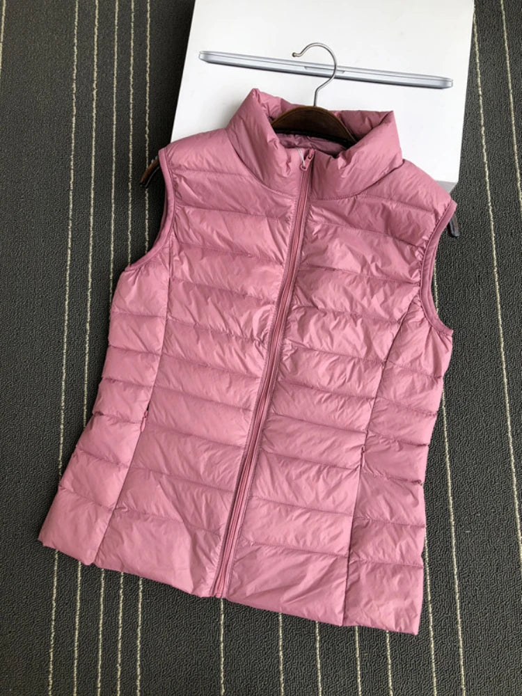 Gilet en duvet de canard blanc ultra léger à 90 % pour femme, manteau fin, veste sans manches en duvet de canard, col montant, veste pour femme