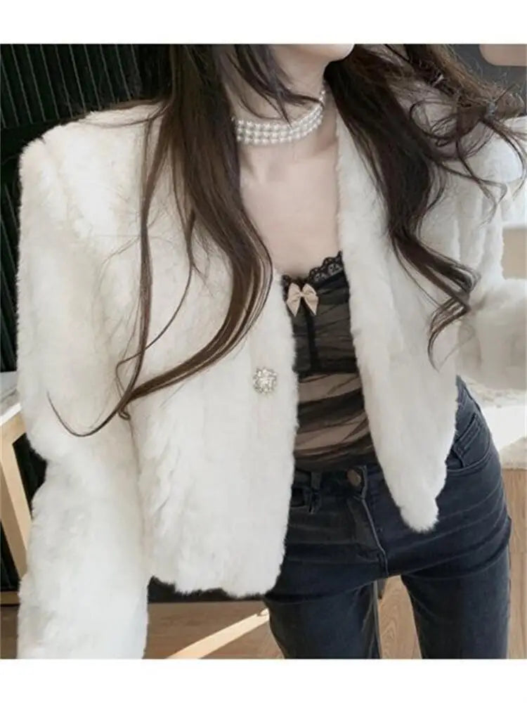 Women Short Faux Lamb Fur Jacket V-neck Furry White Fluffy