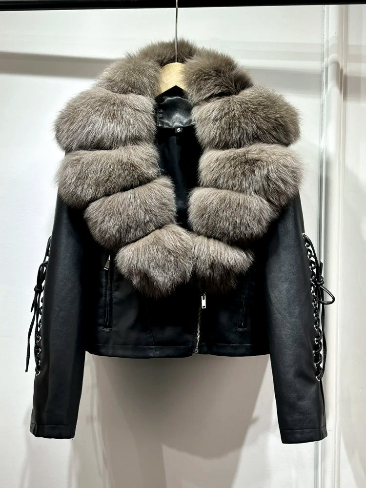 Janveny Super Big Natural Fox Fur 2024 Nouvelle Automne Hiver Femmes Faux PU Veste En Cuir Décontracté Dame Revers Fermeture Éclair Moto Manteau