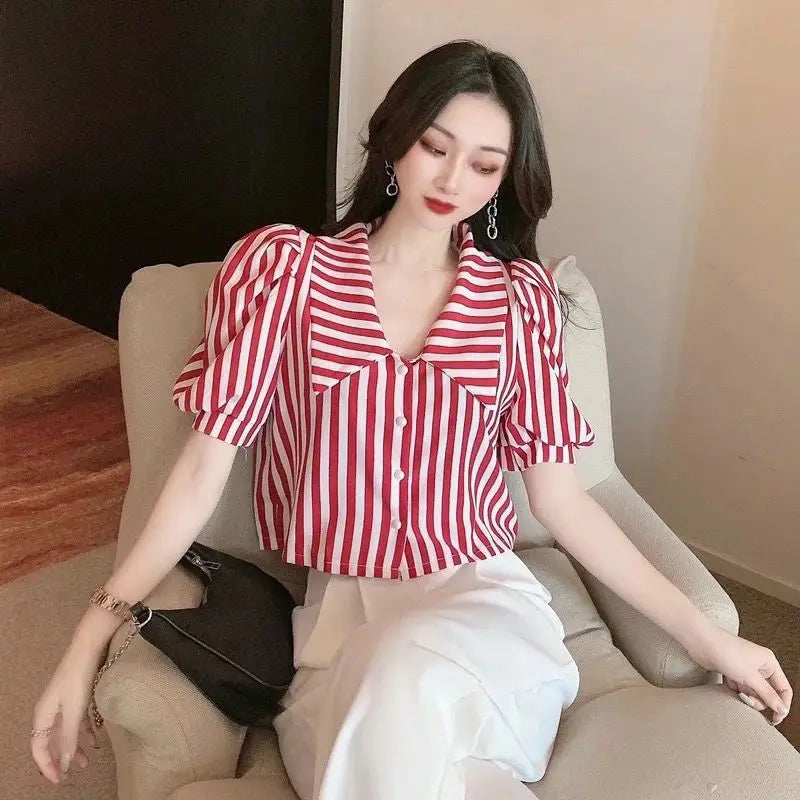 Striped Shirts Women Vintage Elegant Puff Sleeve Summer Office Lady Temper Camisas European Ins Y2k Clothes Designer High Street