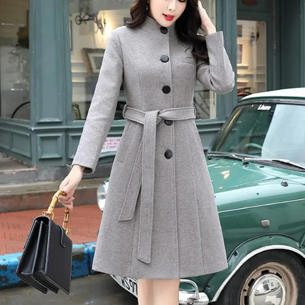 Trendy Women Outwear Long Sleeve Super Soft Women Woolen Coat  Slim Fit Belt Trench Coat