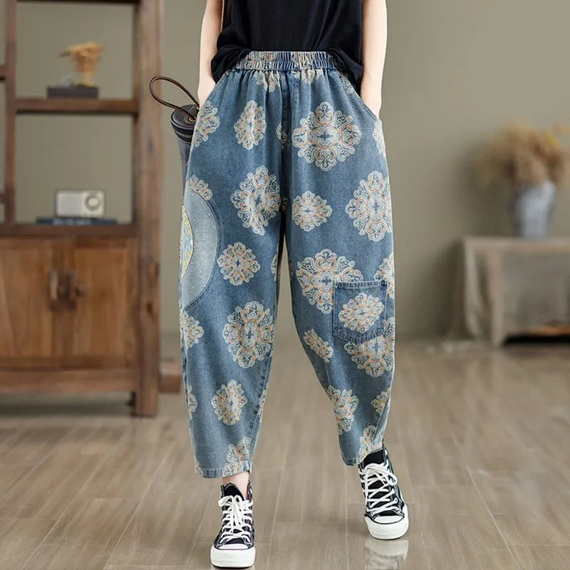 Women Casual Boyfriend Jeans New Arrival 2024 Spring Vintage Style Streetwear Floral Print Loose Female Denim Harem Pants B3741