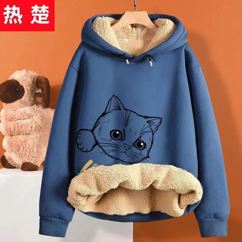 Inner Lining Composite Lamb Fleece Sweatshirt Thick Winter Loose Keep Warm Hoodie Peeking Cartoon Cat Women's Oversized Pullover