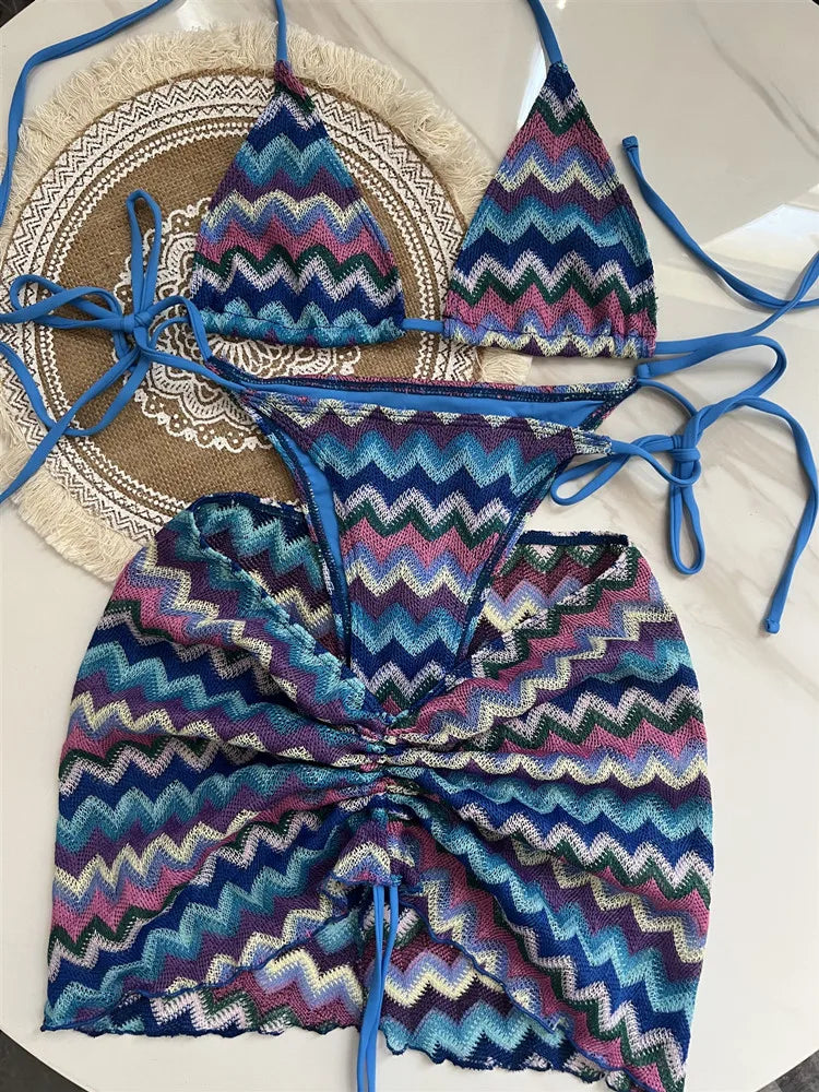 Maillot de bain pour femme, jupe de bikini tricotée à feuilles d'érable colorées, ensemble trois pièces, maillot de bain fendu, bikini