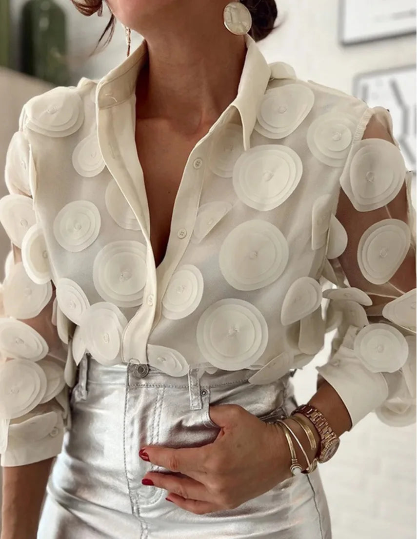 Nouveau Haut Pour Femmes Design Élégant Fleurs En Trois Dimensions Transparent Mince Chemise En Mousseline De Soie À Manches Longues