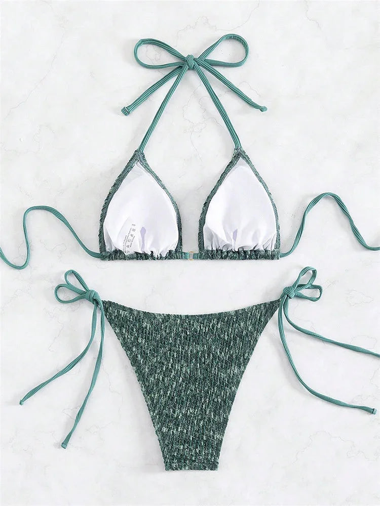 Ensemble de bikini 2 pièces vert sexy pour femme, maillot de bain push-up à bretelles en métal, à lacets, pour la plage,