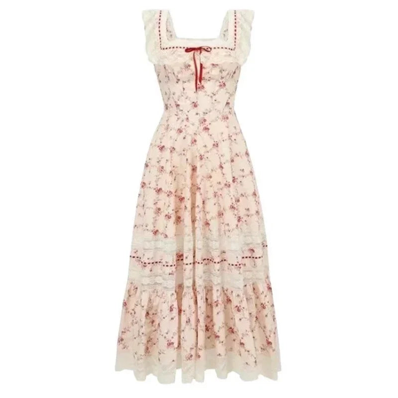 Summer French Elegant Floral Midi Dress Beach Style Korean Fashion Lace Dress Evening Party Sexy Sleeveless Dress Woman Chic