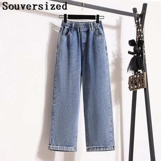 Oversize Ankle-Length Wide Leg Jeans Spring Fall Womens Baggy Elastic High Waist Straight Denim Pants Casual Vaqueros For 95 KG