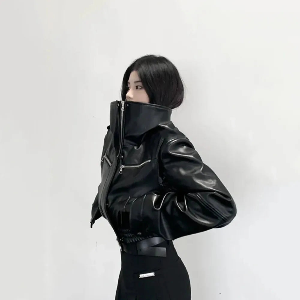 Streetwear Retro PU Leather Jackets Women Crop Stand Collar Solid Spring Autumn Fashion Emo Basic Popular Chic Leather Tops Coat